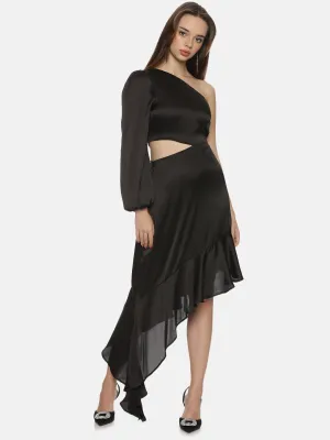 IS.U Solid Black One Shoulder Asymmetrical Dress