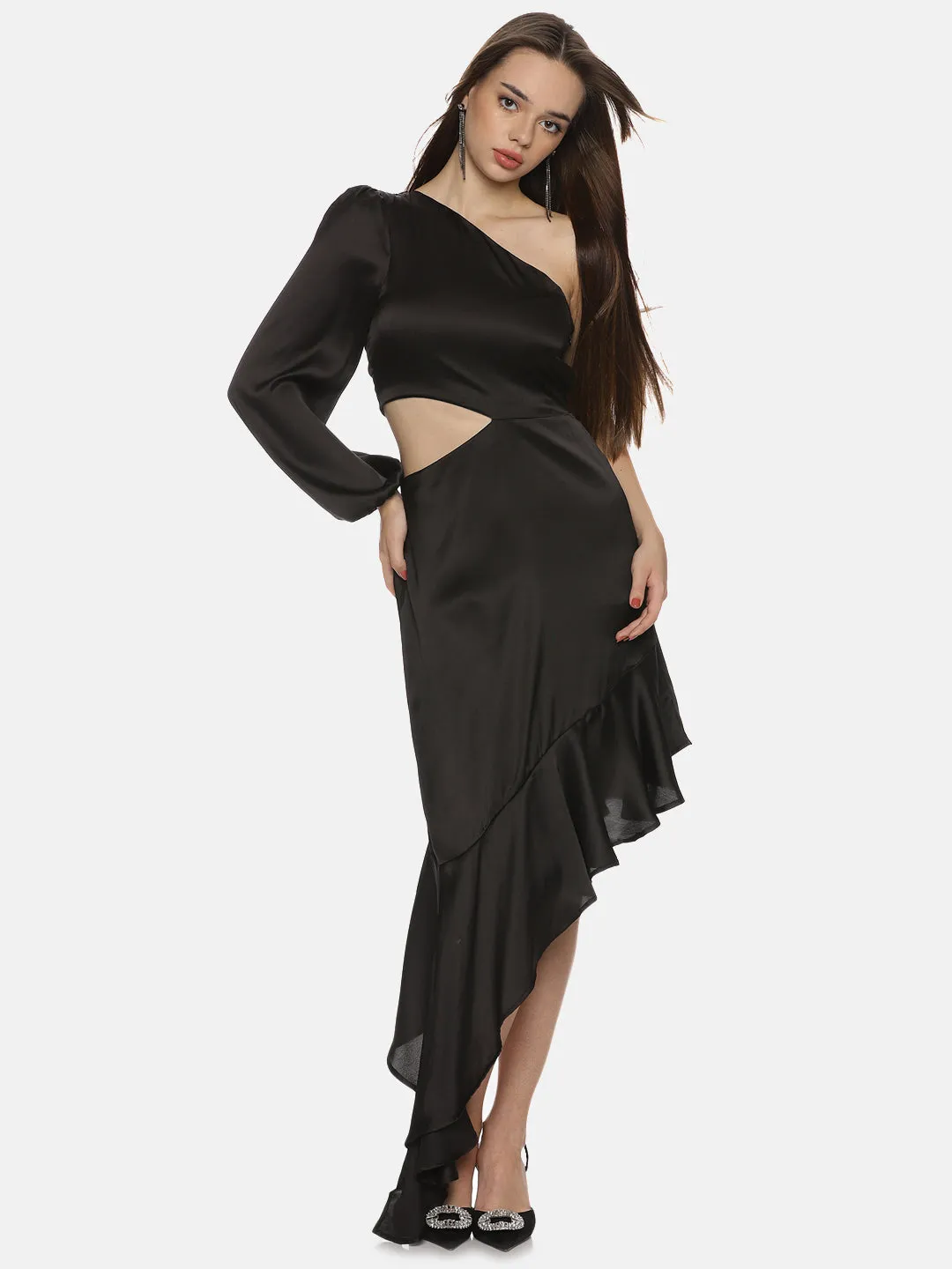 IS.U Solid Black One Shoulder Asymmetrical Dress