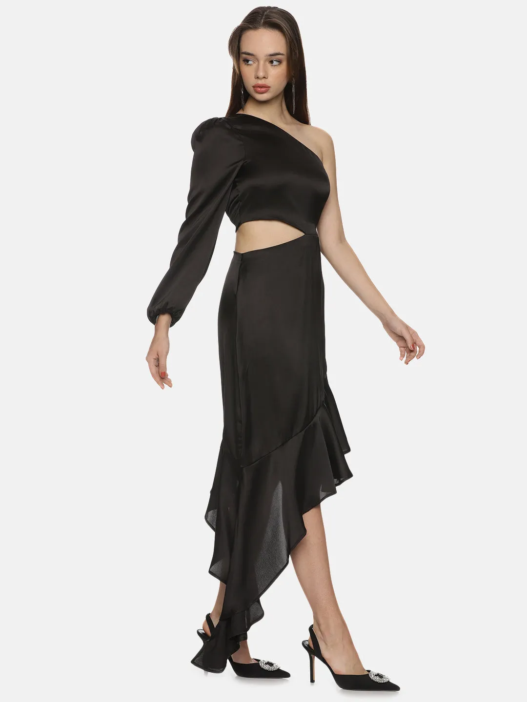 IS.U Solid Black One Shoulder Asymmetrical Dress