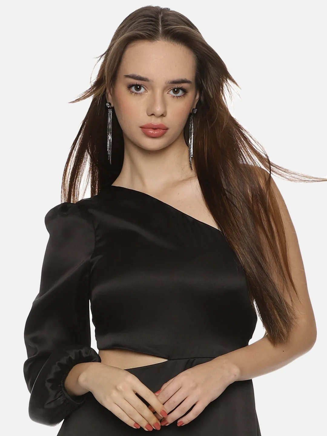 IS.U Solid Black One Shoulder Asymmetrical Dress