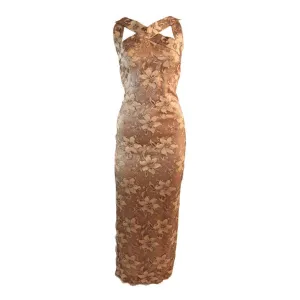 JAMES GALANOS Beautiful Silk and Lace Criss Cross Cocktail Gown