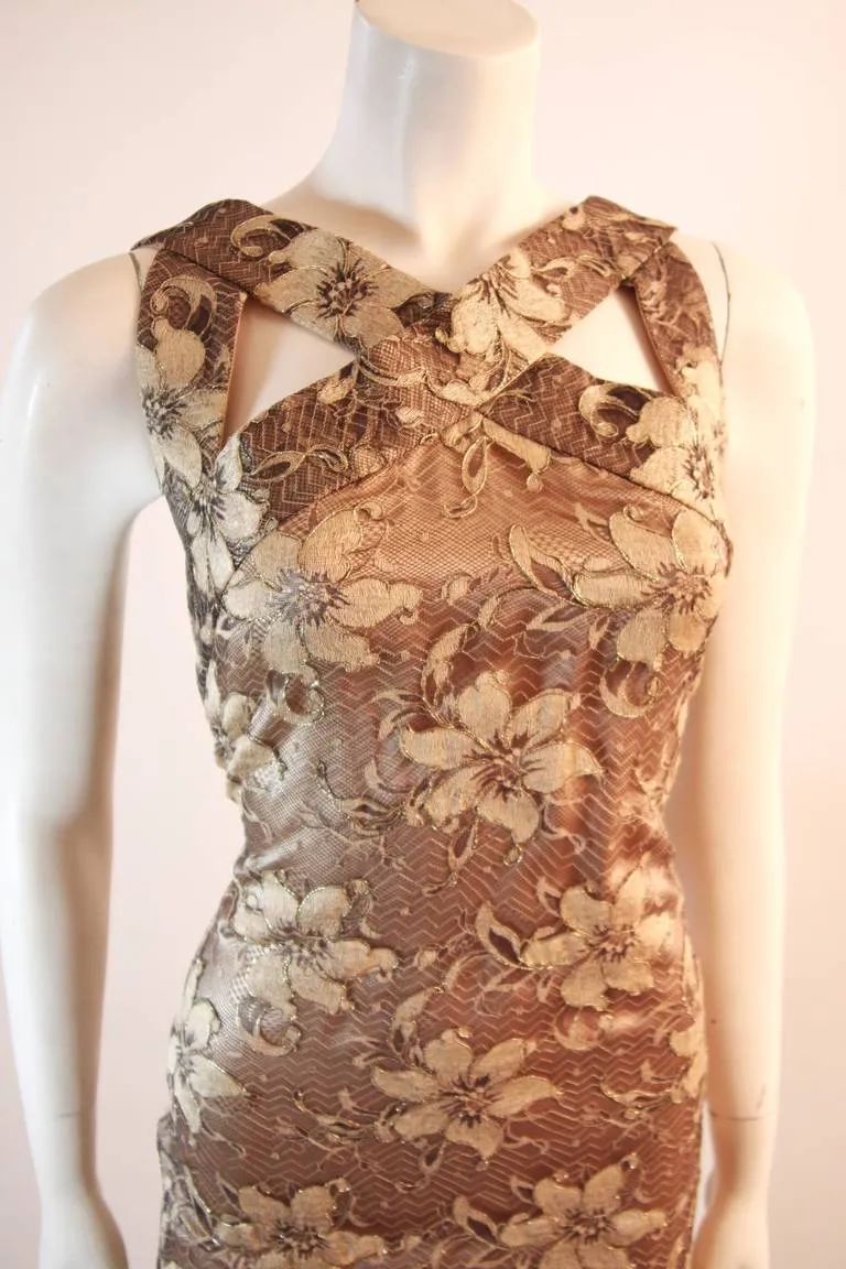 JAMES GALANOS Beautiful Silk and Lace Criss Cross Cocktail Gown