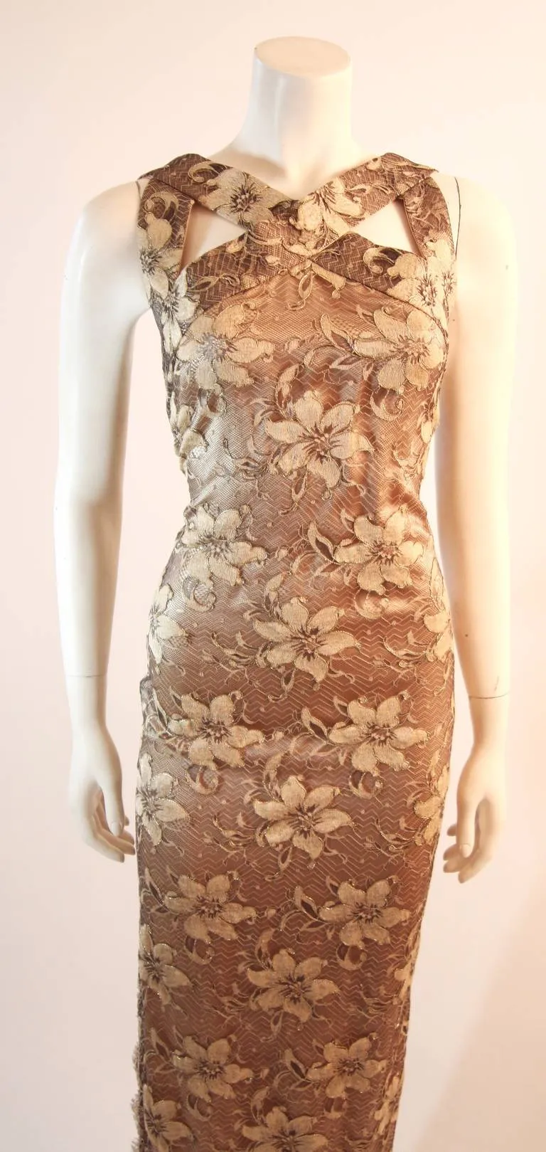 JAMES GALANOS Beautiful Silk and Lace Criss Cross Cocktail Gown