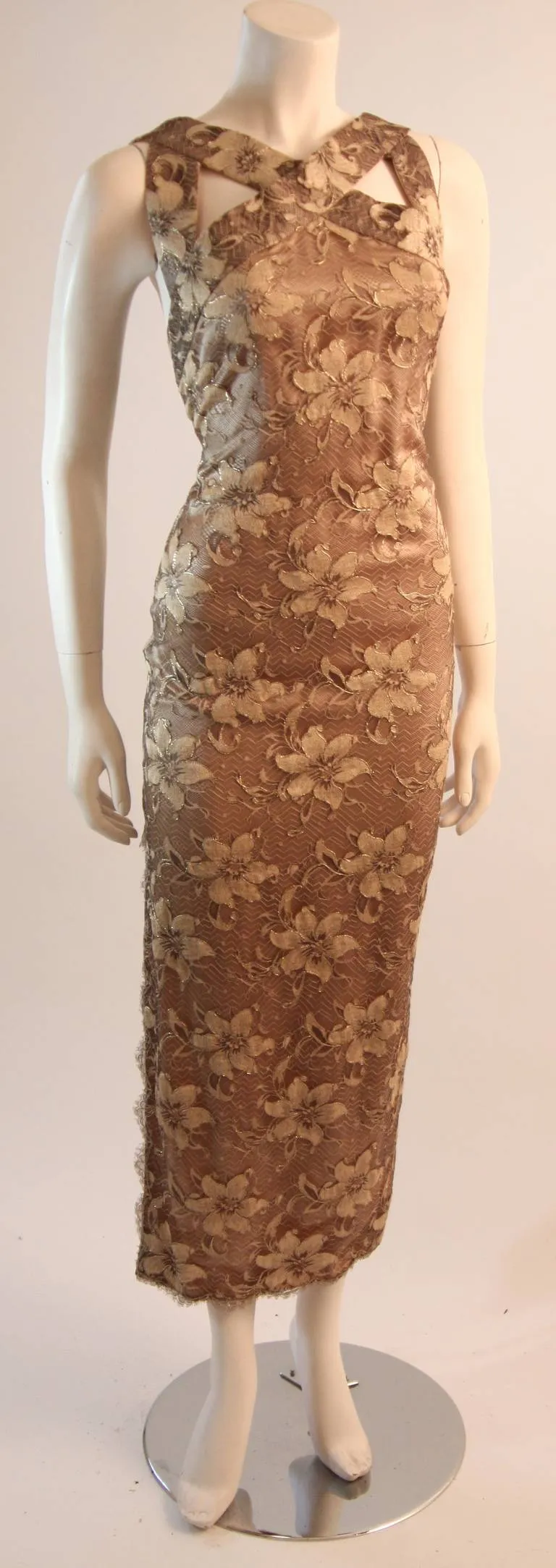 JAMES GALANOS Beautiful Silk and Lace Criss Cross Cocktail Gown