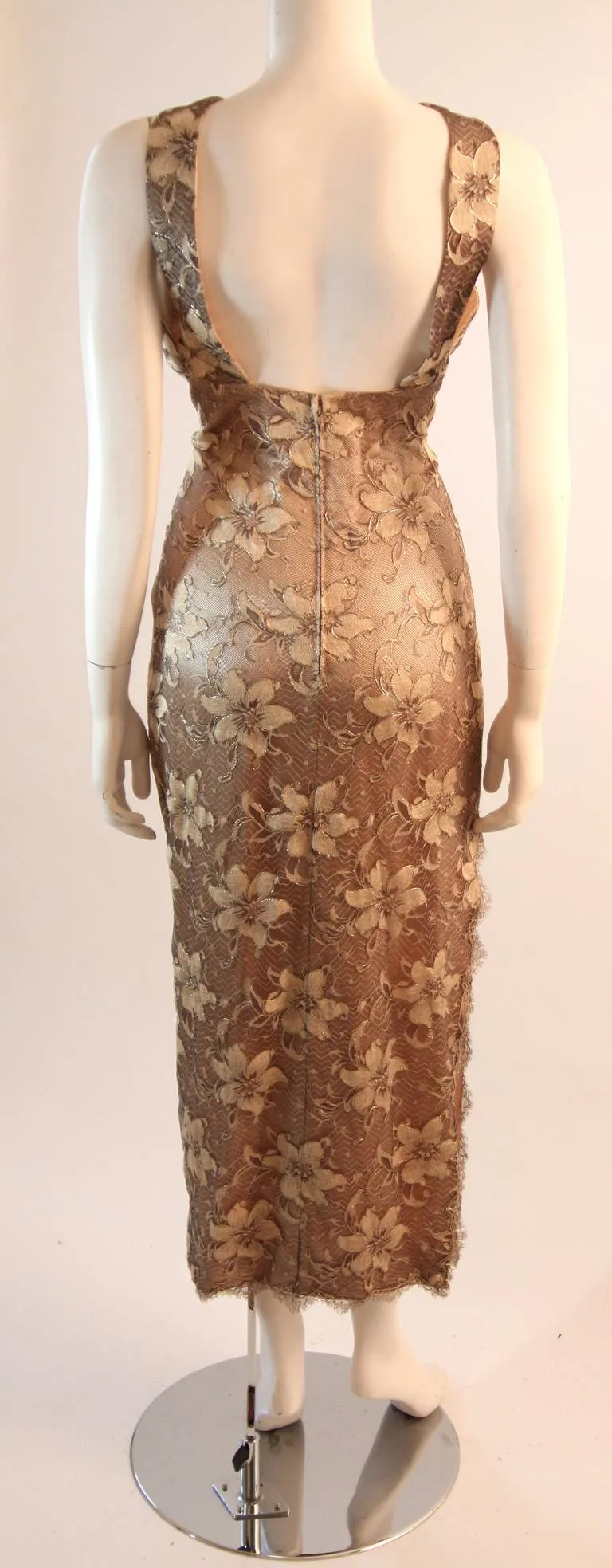 JAMES GALANOS Beautiful Silk and Lace Criss Cross Cocktail Gown