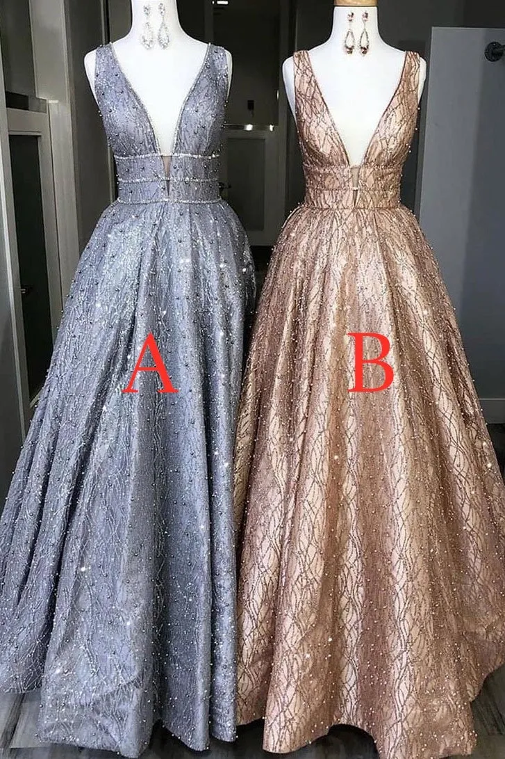 kamahe Amazing Unique V-neck Long Prom Dresses Gorgeous Modest Floor Length Party Dresses