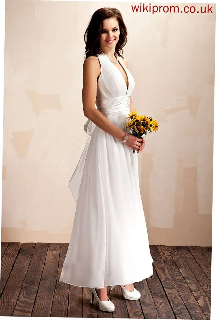 Mikaela Halter A-Line Dress Wedding Bow(s) Wedding Dresses Chiffon Ruffle With Ankle-Length