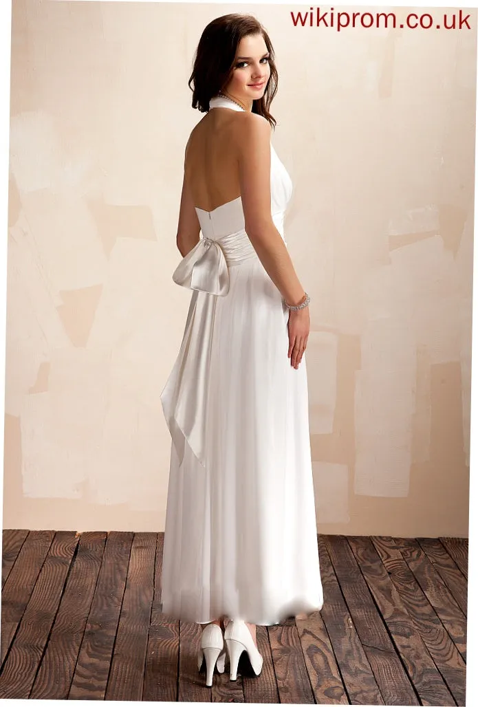 Mikaela Halter A-Line Dress Wedding Bow(s) Wedding Dresses Chiffon Ruffle With Ankle-Length
