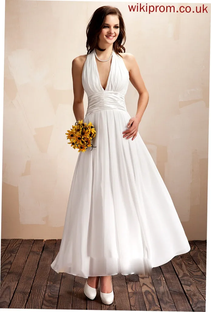Mikaela Halter A-Line Dress Wedding Bow(s) Wedding Dresses Chiffon Ruffle With Ankle-Length