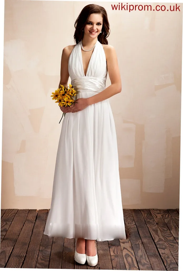 Mikaela Halter A-Line Dress Wedding Bow(s) Wedding Dresses Chiffon Ruffle With Ankle-Length