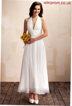 Mikaela Halter A-Line Dress Wedding Bow(s) Wedding Dresses Chiffon Ruffle With Ankle-Length
