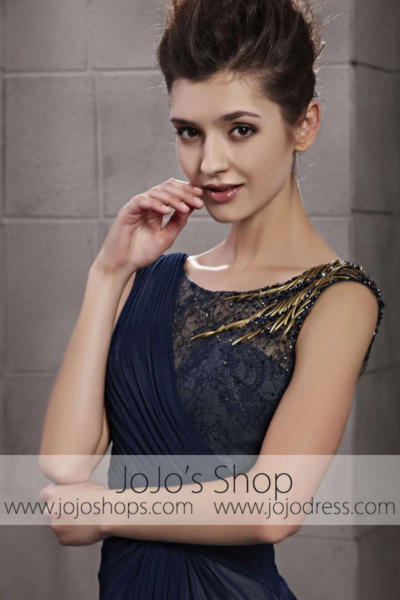 Navy Modest Sleeveless Formal Prom Military Ball Evening Cocktail Dress CX830106
