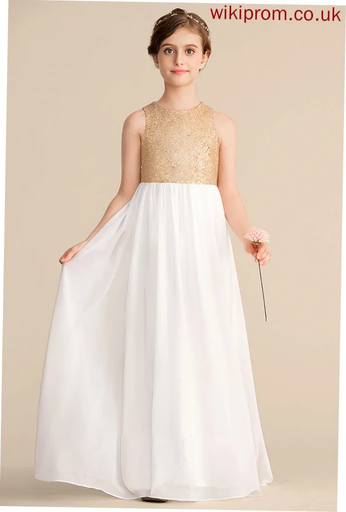 Neck Junior Bridesmaid Dresses Chiffon A-Line Vanessa Sequined Floor-Length Scoop