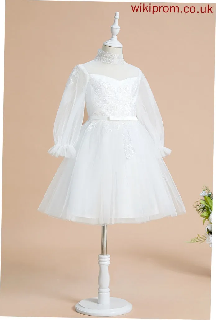 Neck Sleeves Long Girl A-Line Flower Girl Dresses With Frances High Dress Tulle - Flower Sequins Knee-length