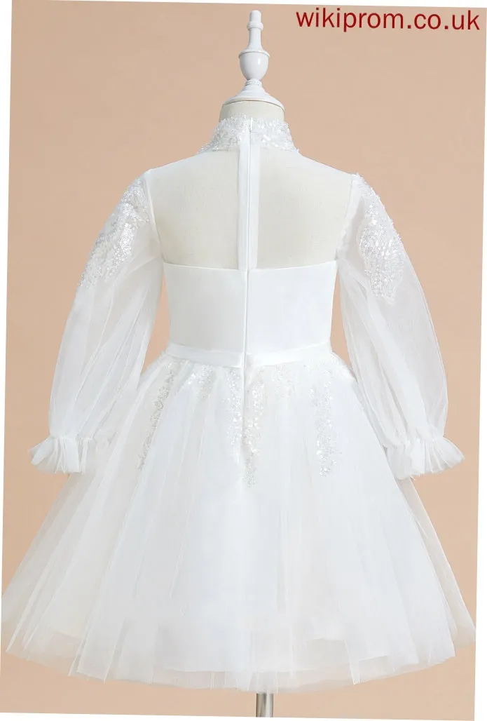 Neck Sleeves Long Girl A-Line Flower Girl Dresses With Frances High Dress Tulle - Flower Sequins Knee-length