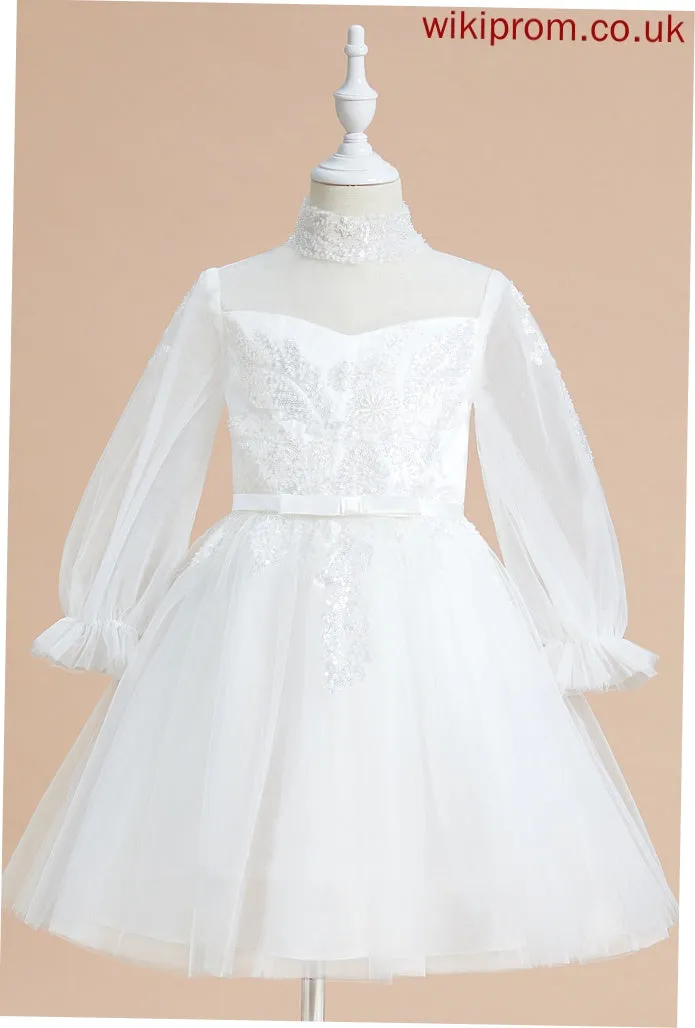 Neck Sleeves Long Girl A-Line Flower Girl Dresses With Frances High Dress Tulle - Flower Sequins Knee-length