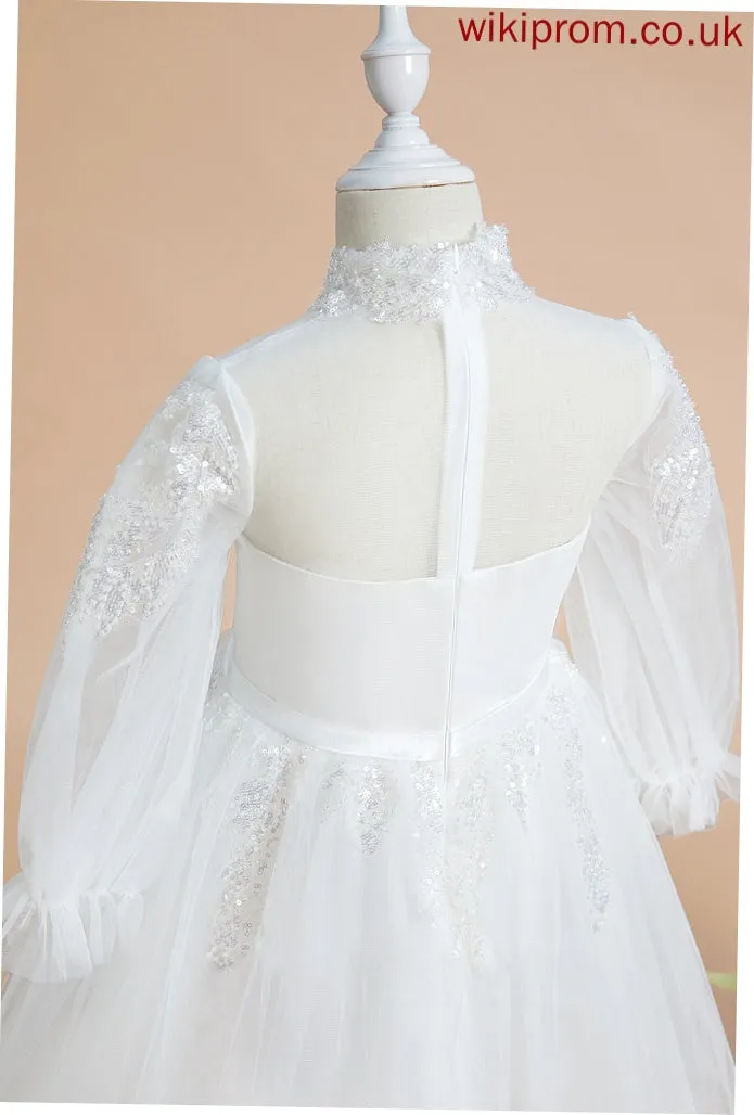 Neck Sleeves Long Girl A-Line Flower Girl Dresses With Frances High Dress Tulle - Flower Sequins Knee-length