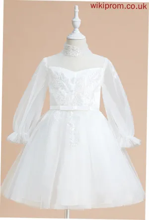 Neck Sleeves Long Girl A-Line Flower Girl Dresses With Frances High Dress Tulle - Flower Sequins Knee-length