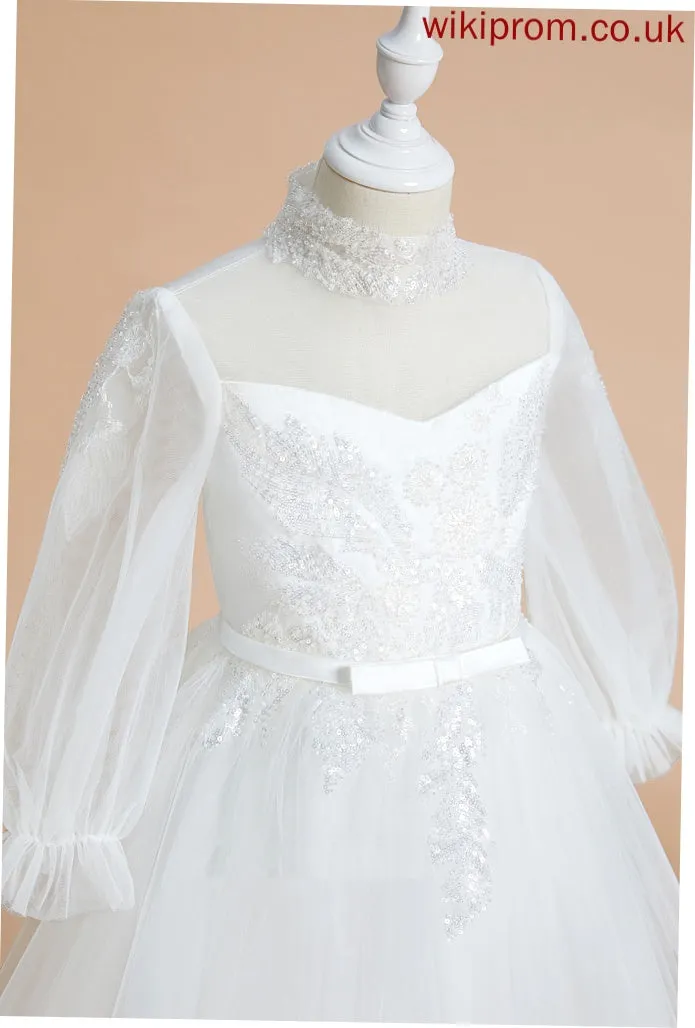 Neck Sleeves Long Girl A-Line Flower Girl Dresses With Frances High Dress Tulle - Flower Sequins Knee-length