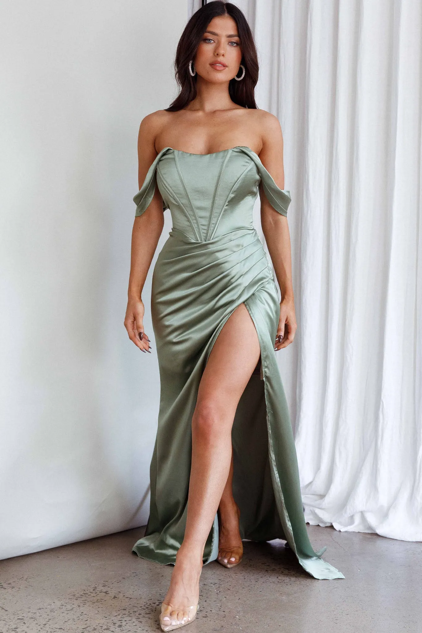 Novara Corset Bust Satin Dress Olive