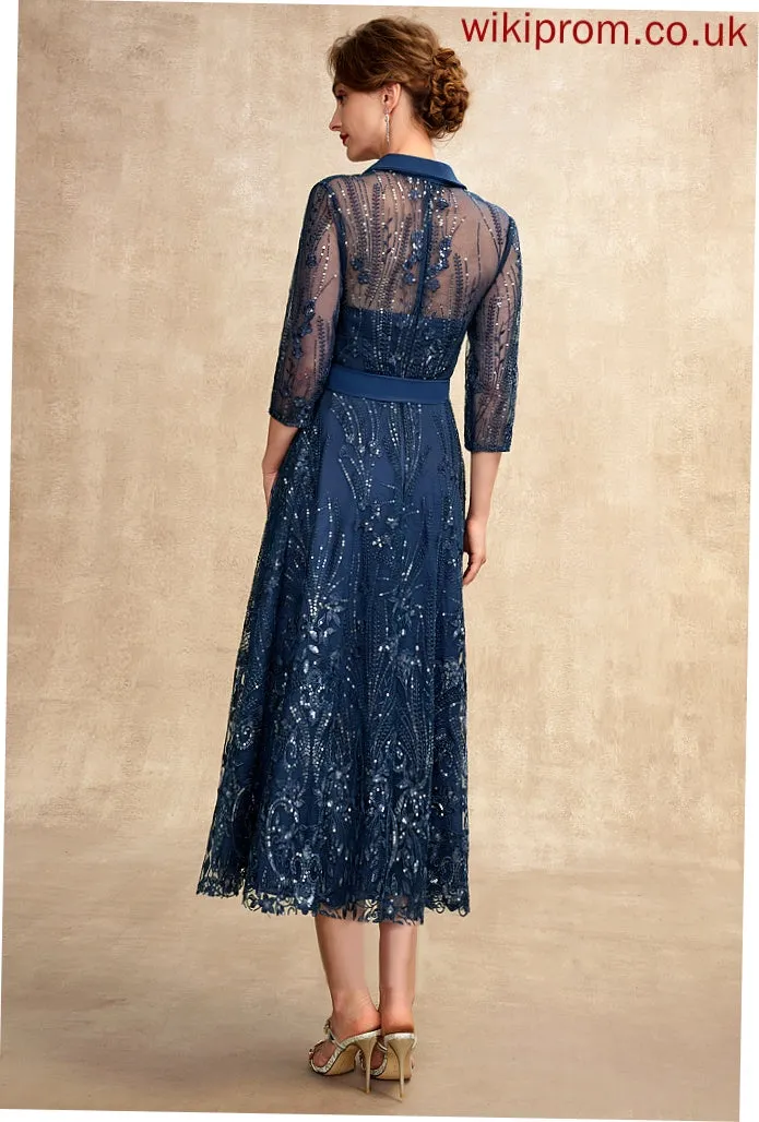 of With Bow(s) the Bride Lace Sequins Mother A-Line Dress V-neck Mother of the Bride Dresses Chiffon Elva Tea-Length