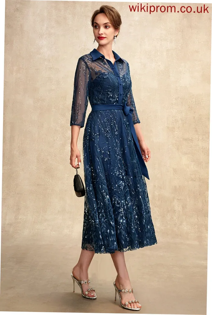 of With Bow(s) the Bride Lace Sequins Mother A-Line Dress V-neck Mother of the Bride Dresses Chiffon Elva Tea-Length