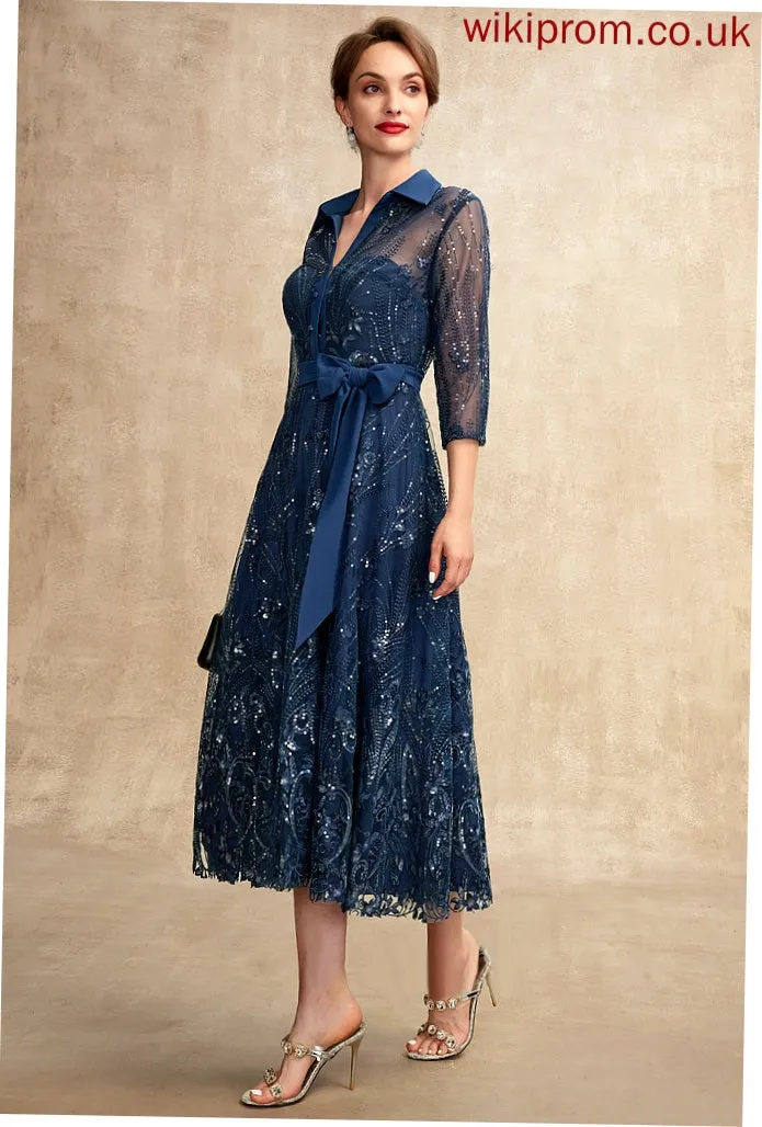 of With Bow(s) the Bride Lace Sequins Mother A-Line Dress V-neck Mother of the Bride Dresses Chiffon Elva Tea-Length