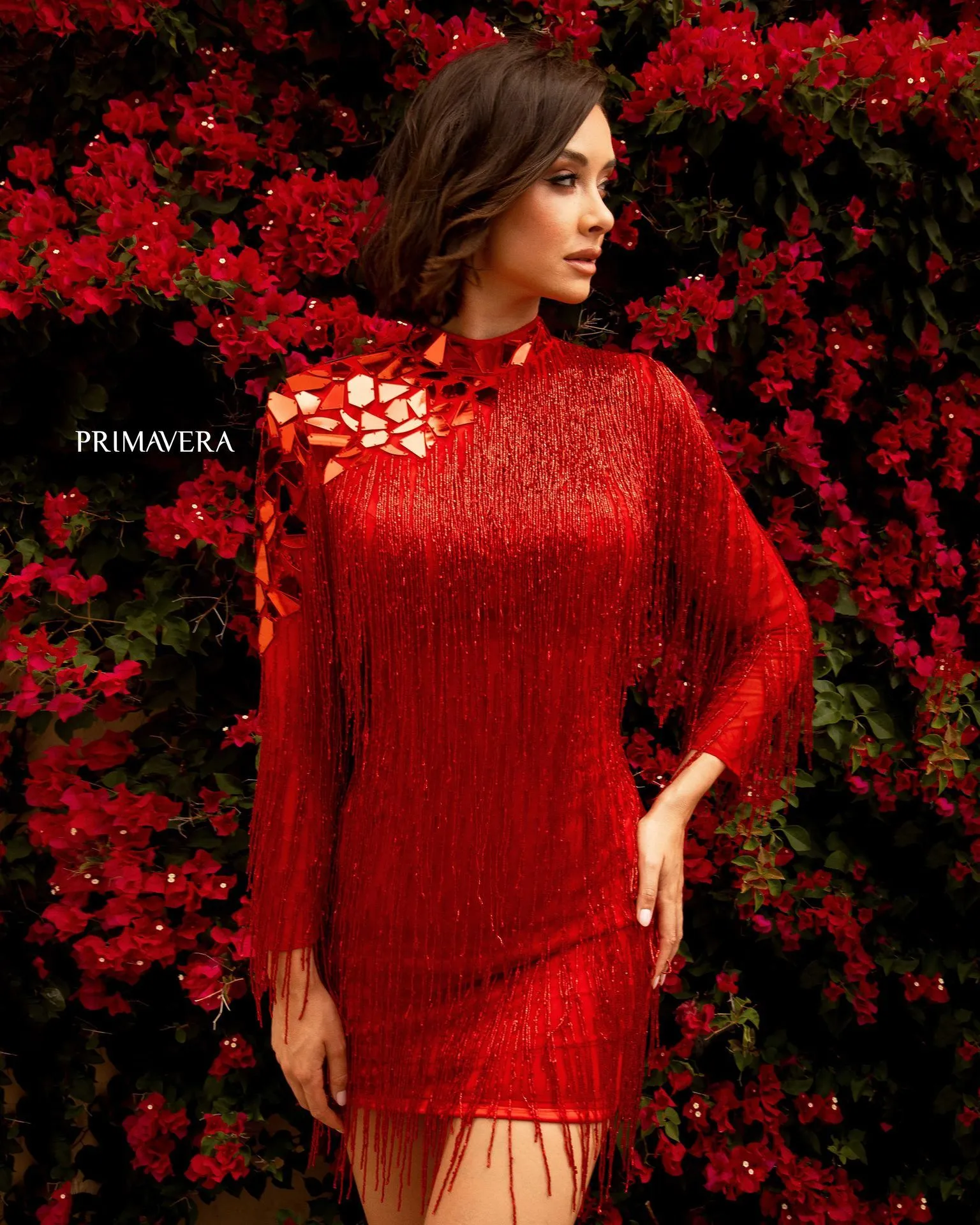 Primavera 3701 Size 6 Red Short Beaded Fringe Formal Cocktail Dress Long Sleeve Cut Glass