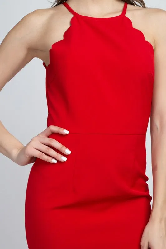 Red Simple Mini Dress With Scallop Hem