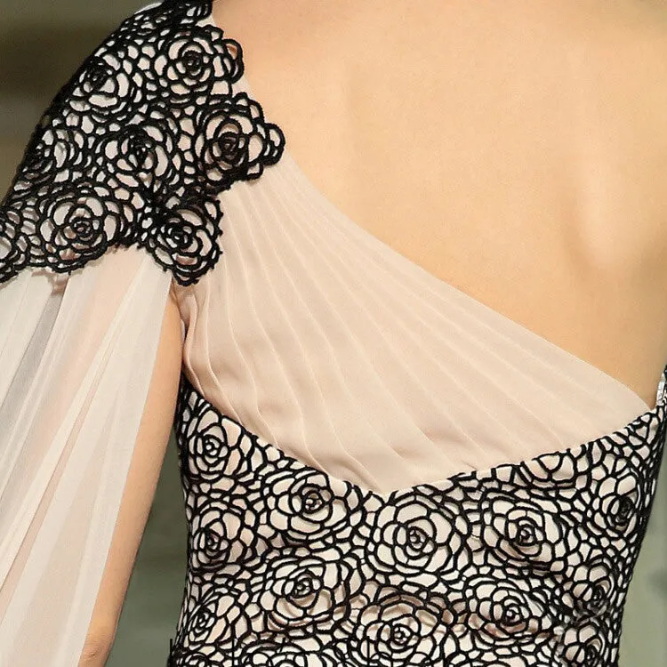 Retro Vintage One Shoulder Black Lace Formal Prom Evening Cocktail Dress DQ830880