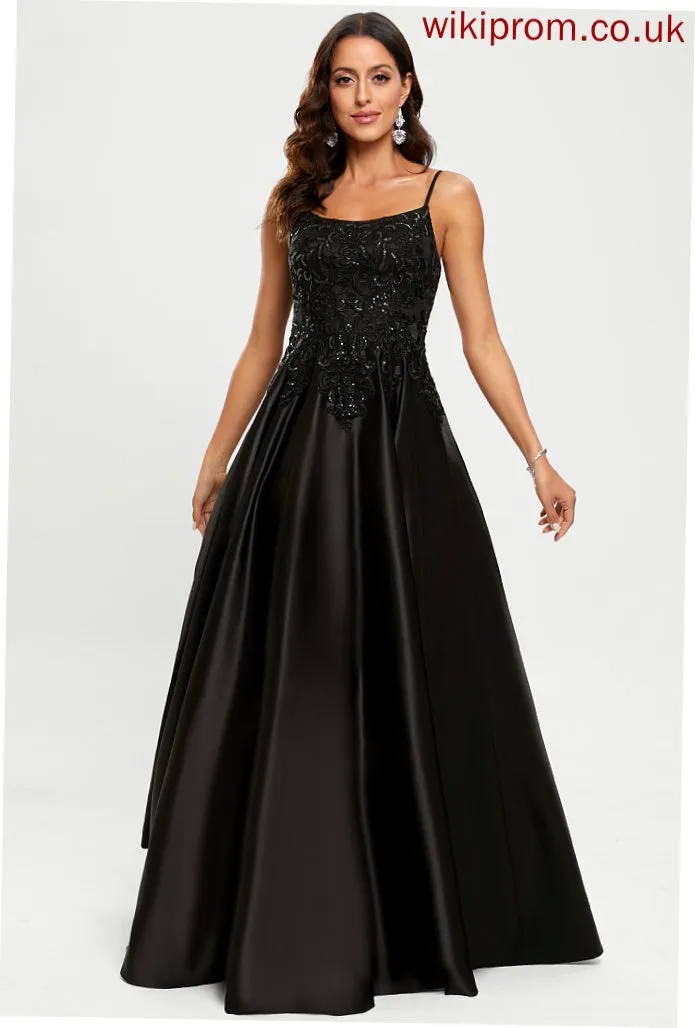 Satin Sequins Floor-Length Scoop A-Line Prom Dresses With Emmalee