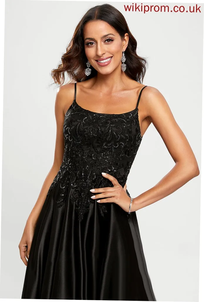 Satin Sequins Floor-Length Scoop A-Line Prom Dresses With Emmalee