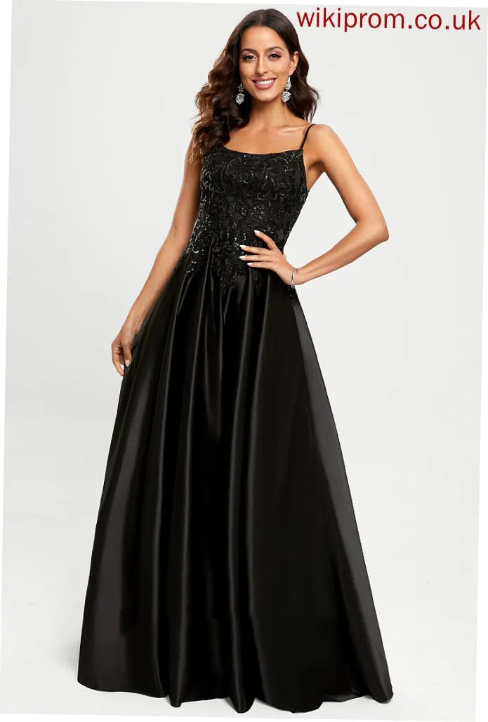 Satin Sequins Floor-Length Scoop A-Line Prom Dresses With Emmalee