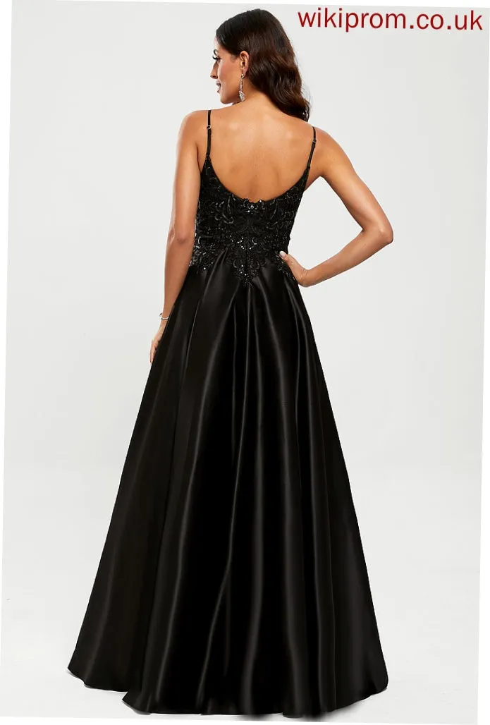 Satin Sequins Floor-Length Scoop A-Line Prom Dresses With Emmalee