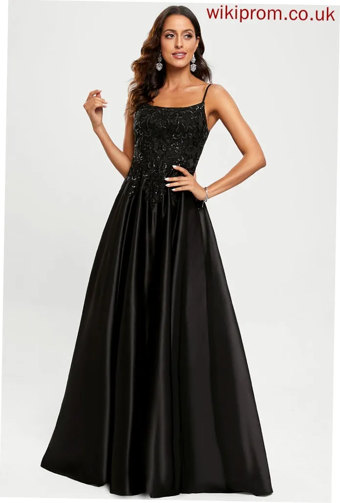 Satin Sequins Floor-Length Scoop A-Line Prom Dresses With Emmalee