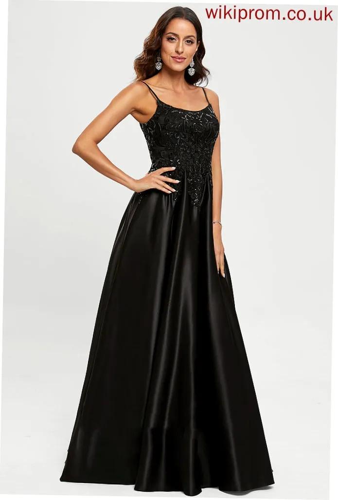 Satin Sequins Floor-Length Scoop A-Line Prom Dresses With Emmalee