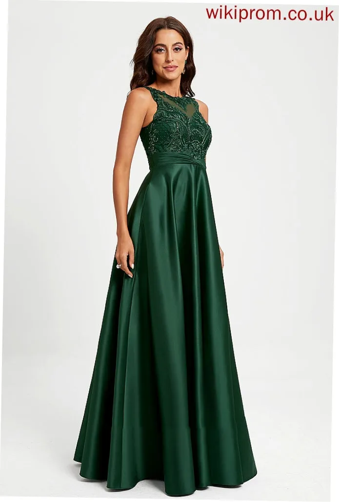 Scoop Neck Prom Dresses Satin Floor-Length Ball-Gown/Princess With Sequins Undine Lace