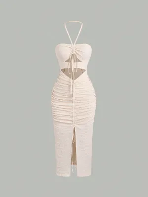 SHEIN Sweetro Women's Drawstring Halter Neck Hollow Out Waist Dress
