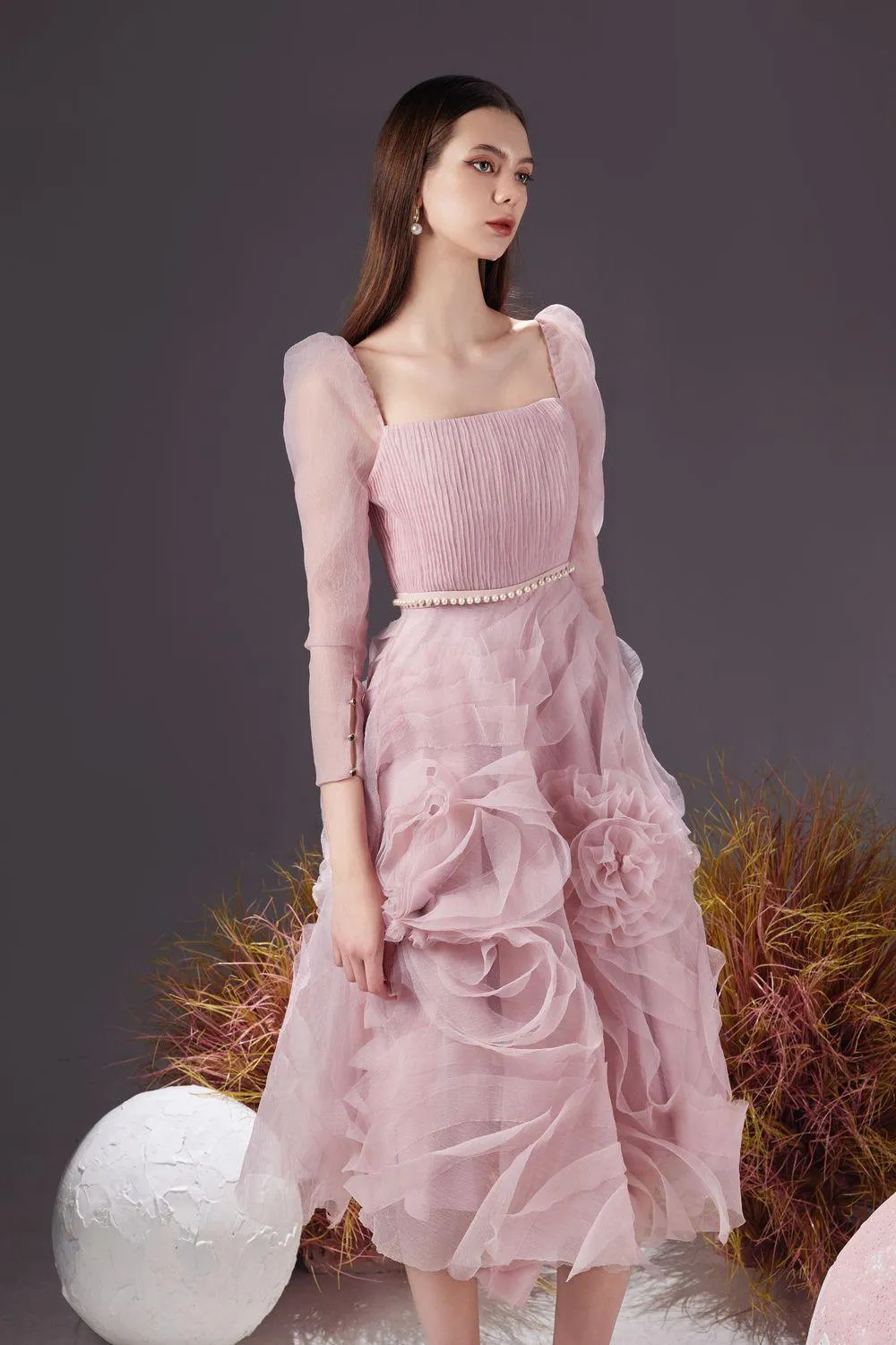 Sherman Fit and Flare Leg Of Mutton Sleeved Organza Knee-length Dress