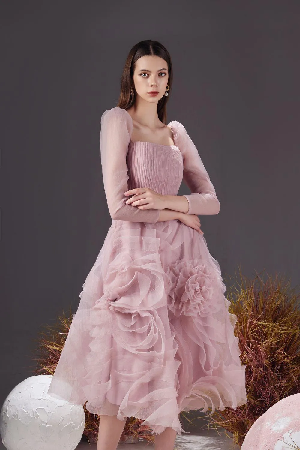 Sherman Fit and Flare Leg Of Mutton Sleeved Organza Knee-length Dress