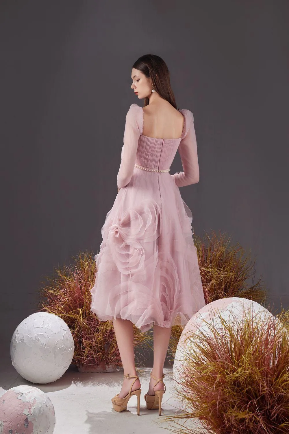 Sherman Fit and Flare Leg Of Mutton Sleeved Organza Knee-length Dress