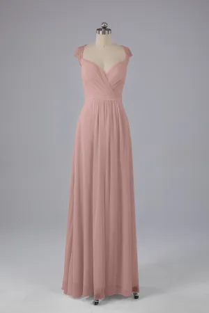 Simple Cap Sleeves Chiffon Floor Length Bridesmaid Dresses