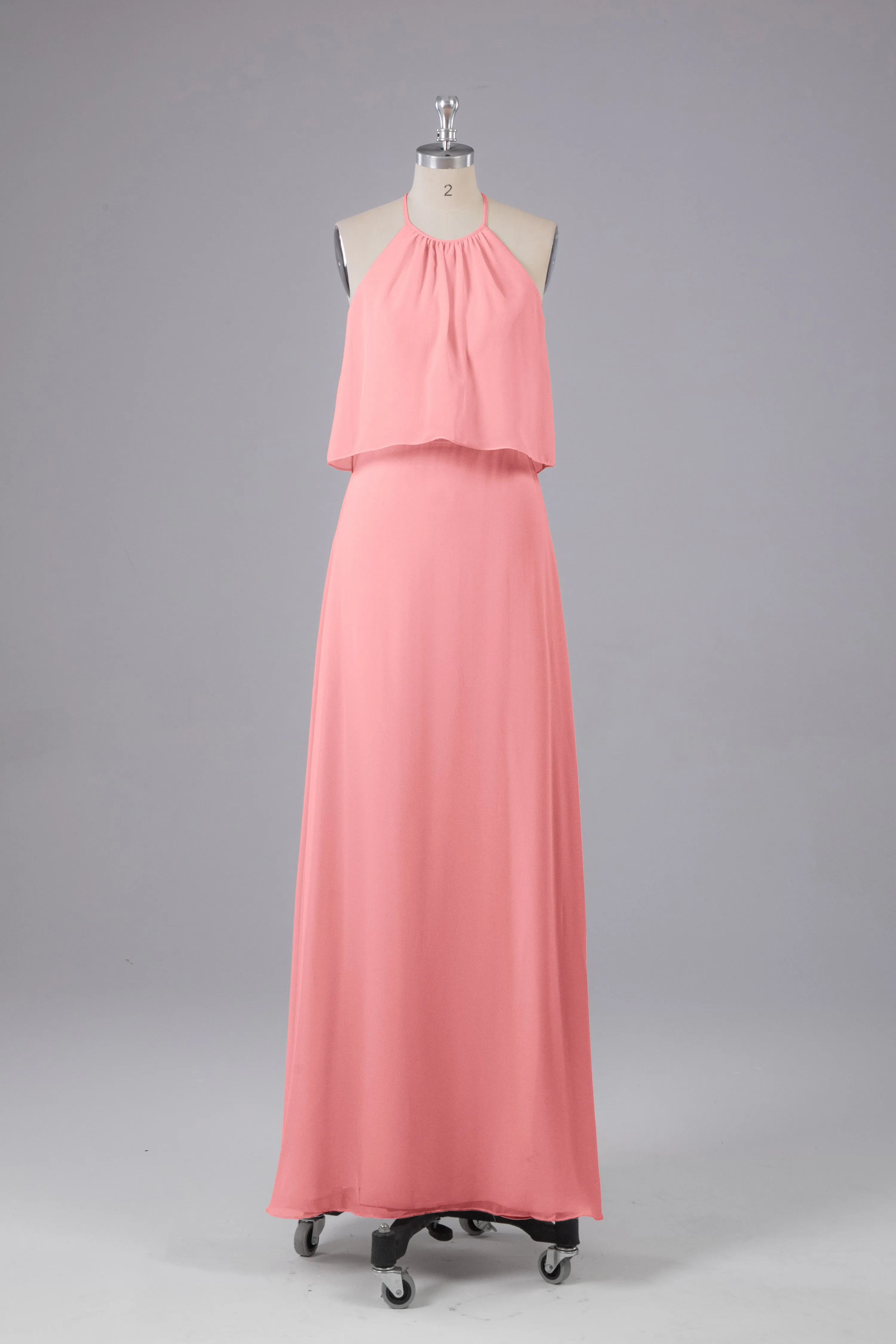 Simple Chiffon Column Halter Long Bridesmaid Dresses