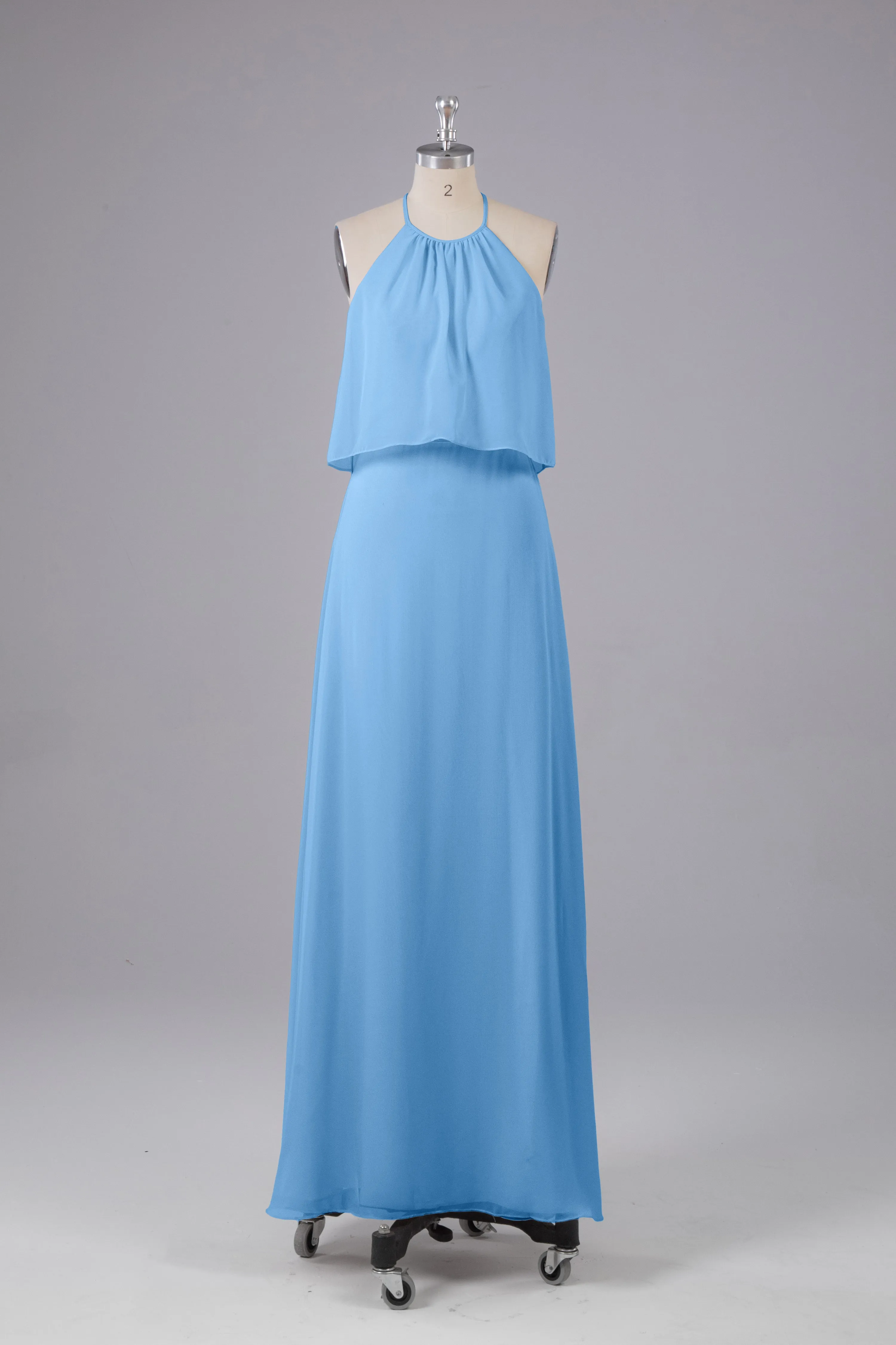 Simple Chiffon Column Halter Long Bridesmaid Dresses