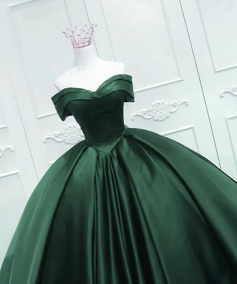 Simple Dark Green Pleats Satin Quinceanera Dresses