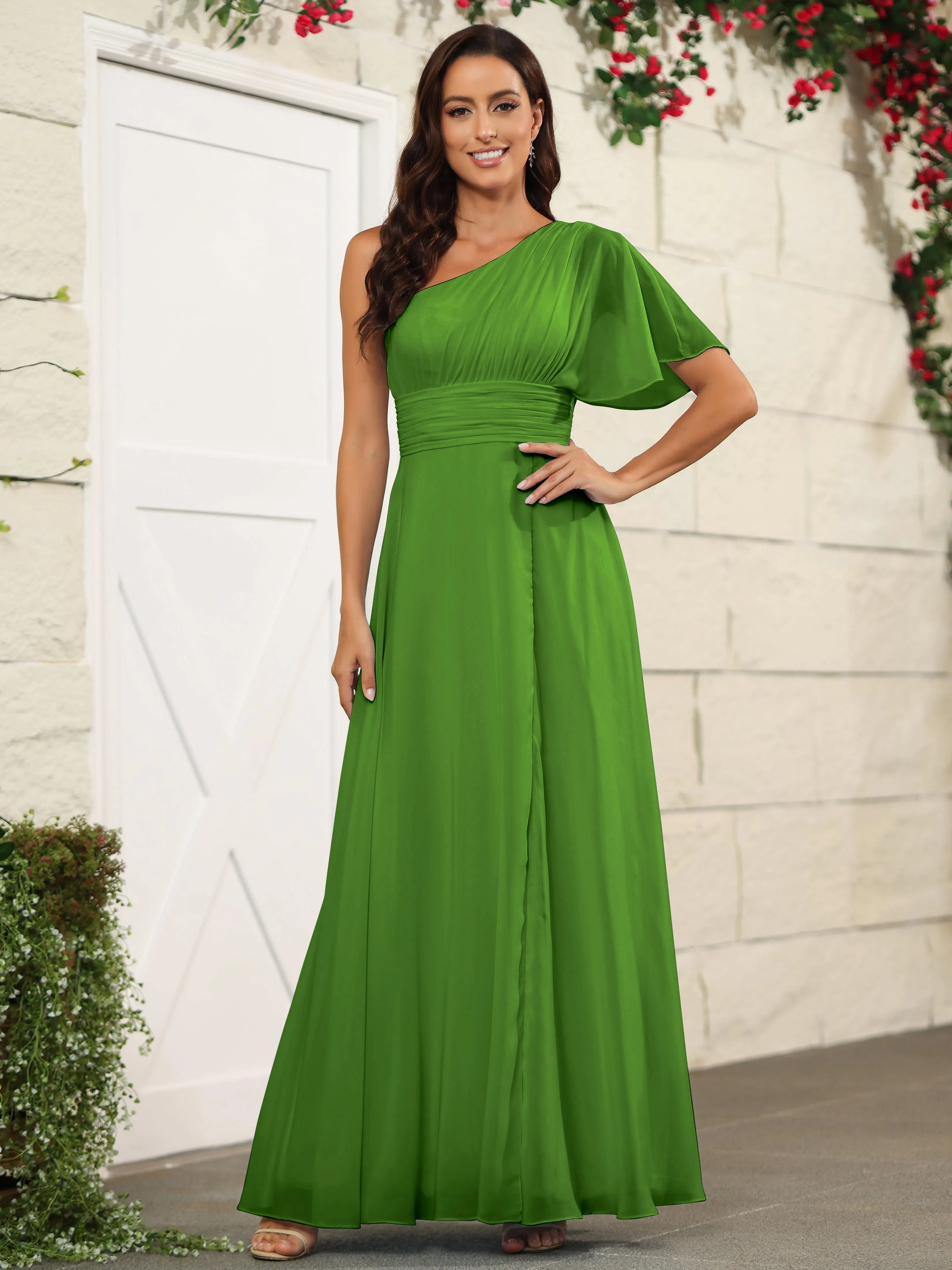 Simple One Shoulder Chiffon Floor Length Bridesmaid Dresses