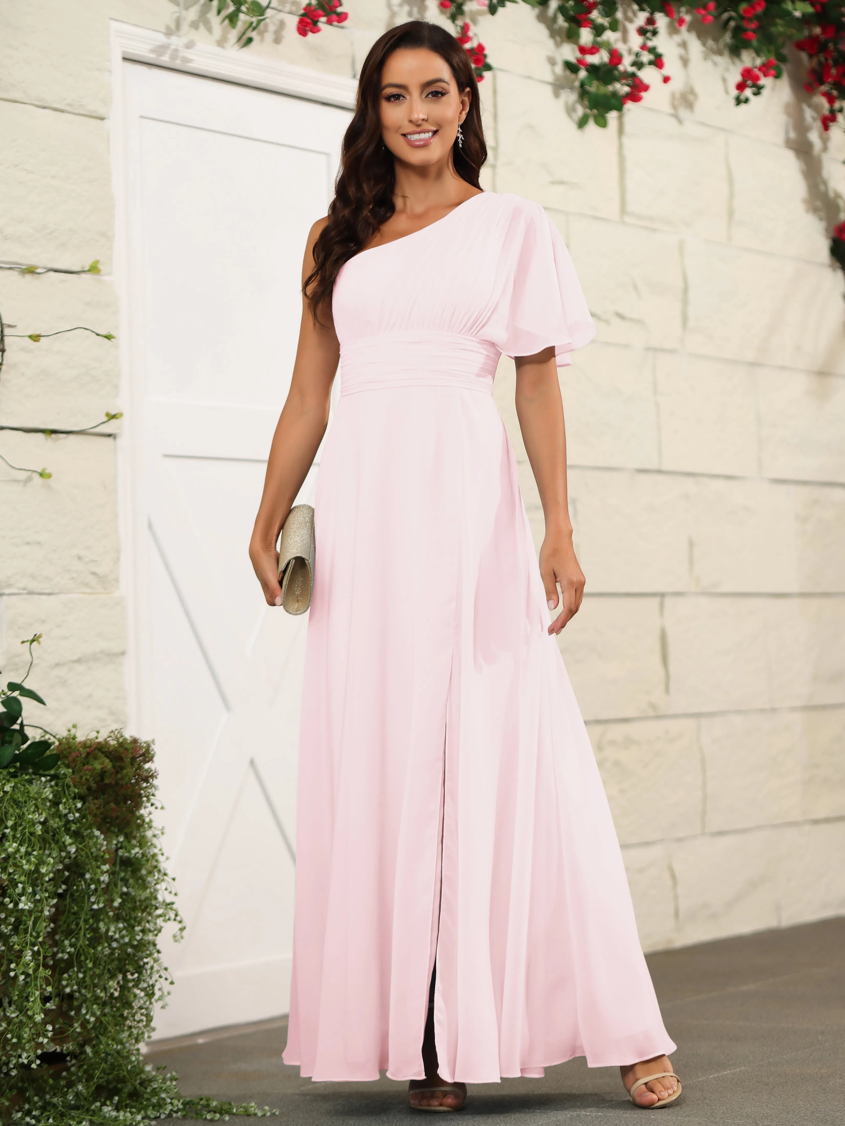 Simple One Shoulder Chiffon Floor Length Bridesmaid Dresses