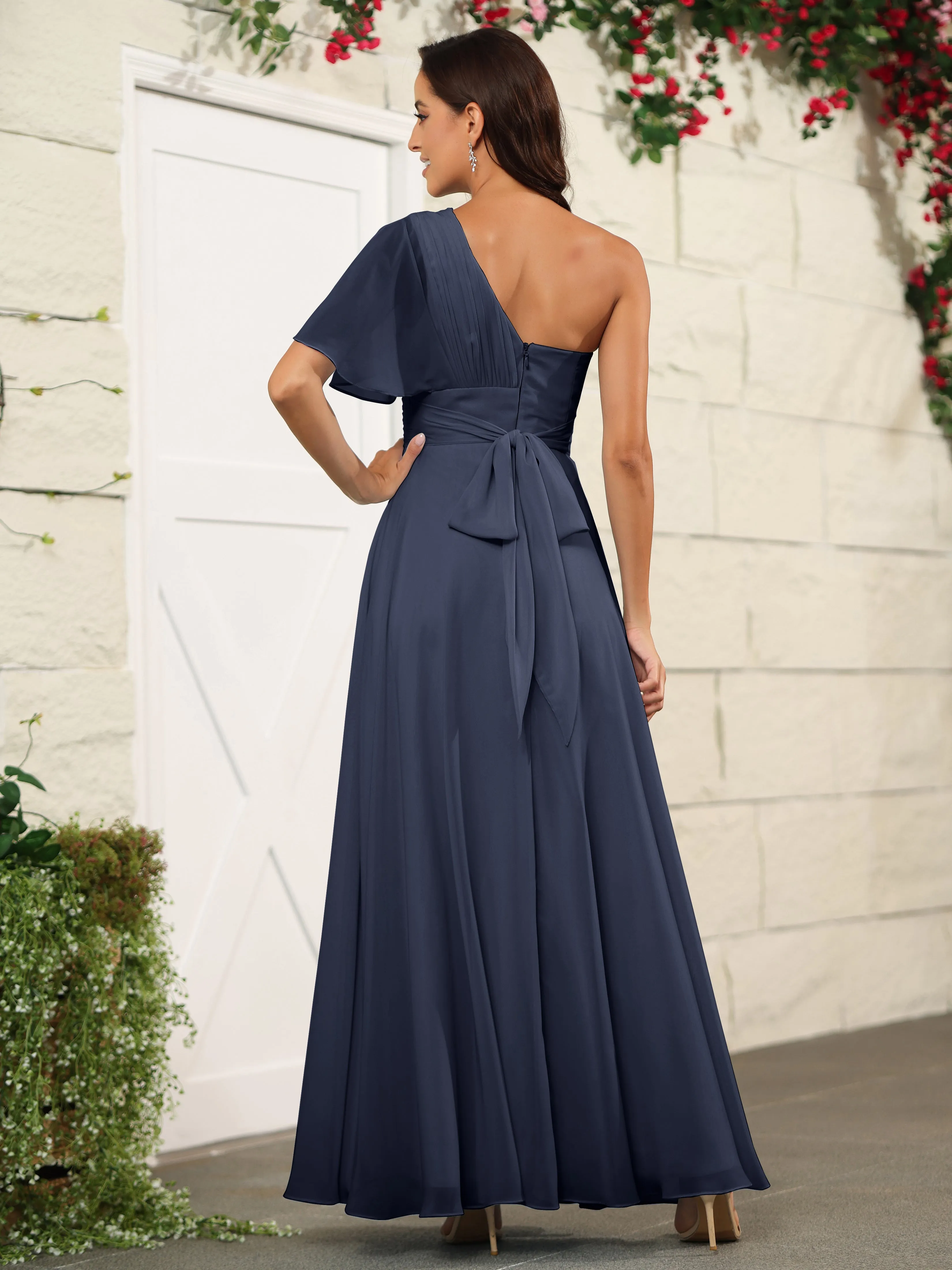 Simple One Shoulder Chiffon Floor Length Bridesmaid Dresses