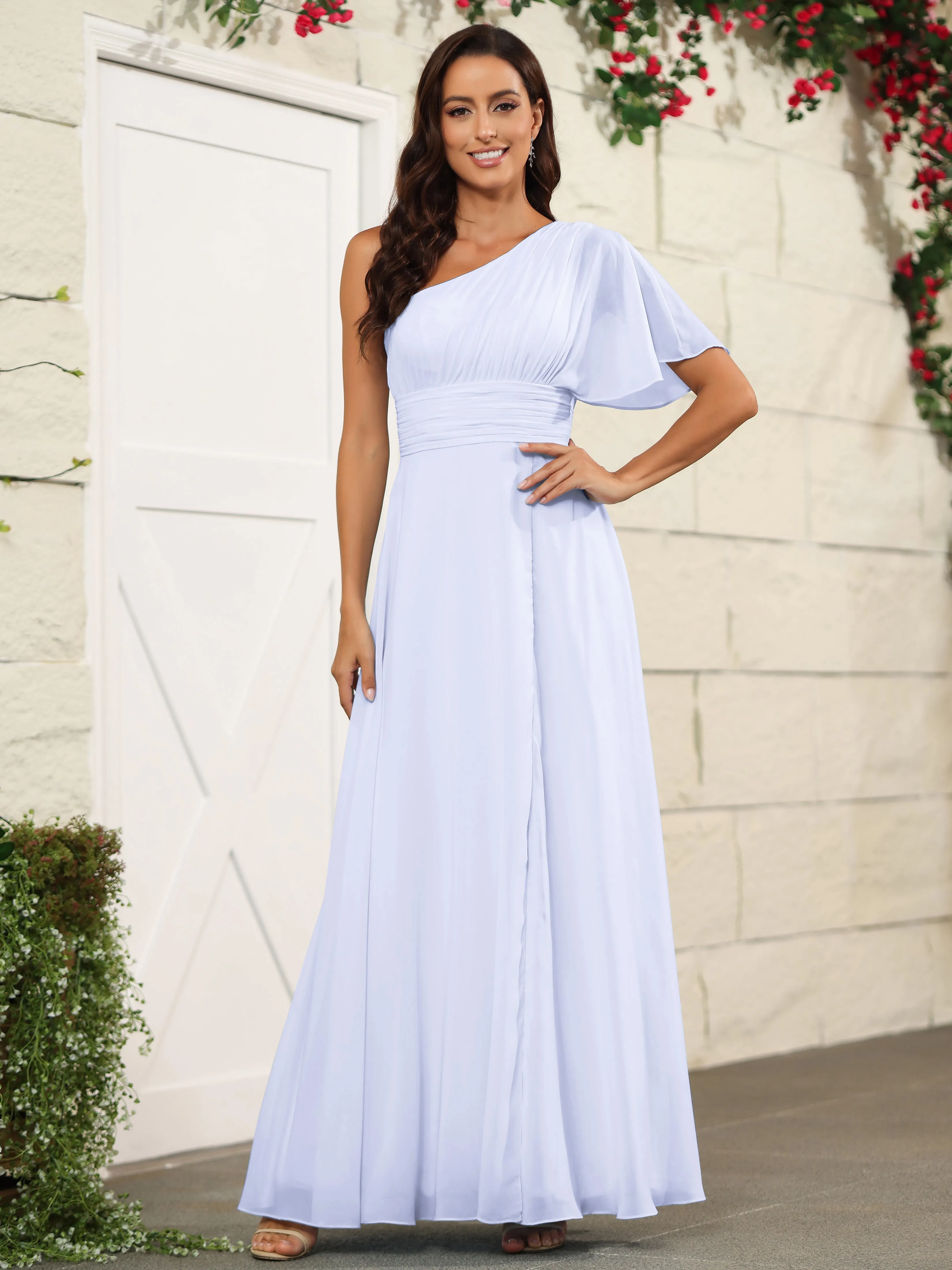 Simple One Shoulder Chiffon Floor Length Bridesmaid Dresses