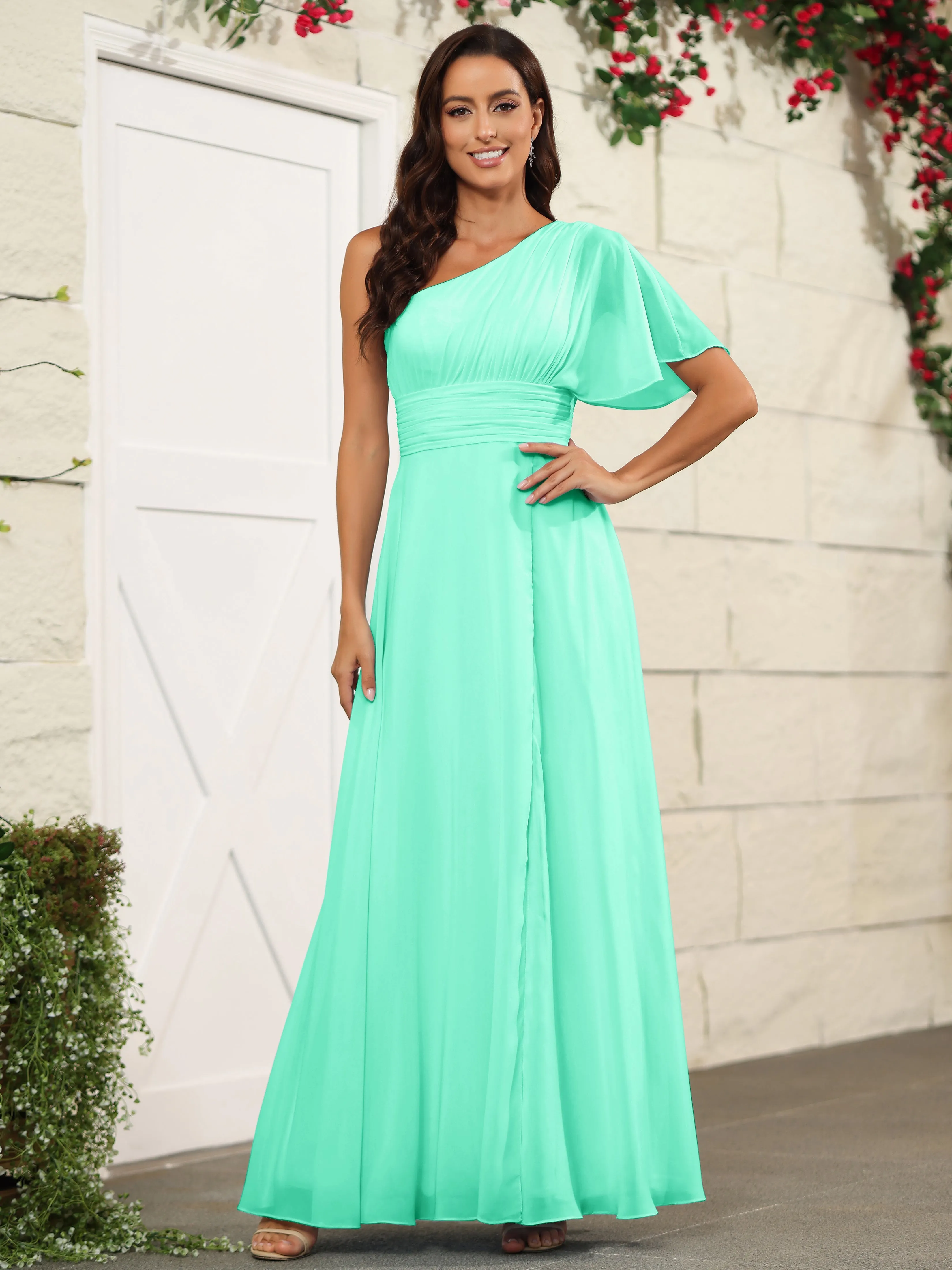 Simple One Shoulder Chiffon Floor Length Bridesmaid Dresses